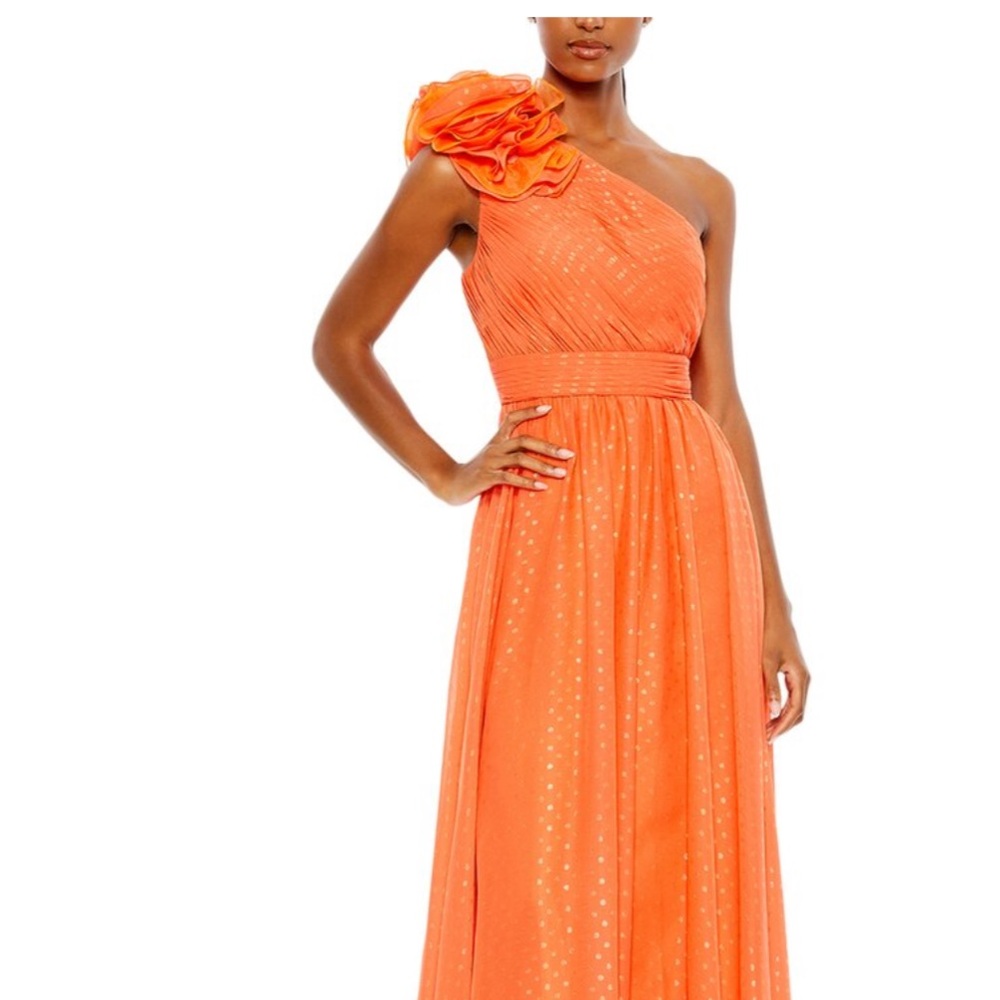 Polka Dot Ruffled One Shoulder Gown - Tangerine